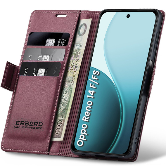 Puzdro pre Oppo Reno 14 F / 14 FS, ERBORD Glossy Litchi, flipová peňaženka, červené