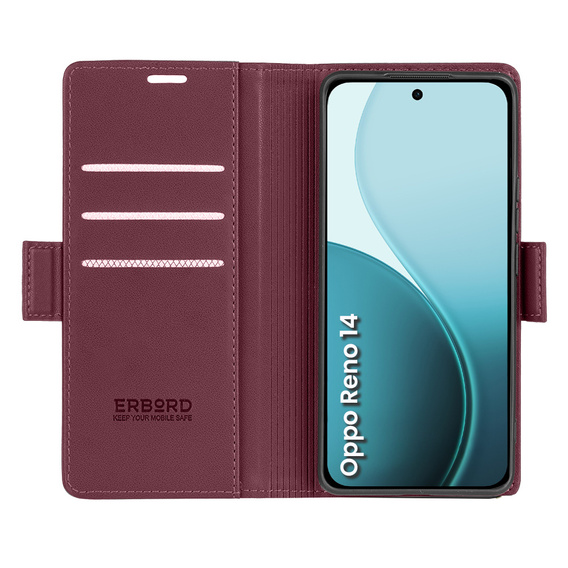 Puzdro pre Oppo Reno 14, ERBORD Glossy Litchi, flipová peňaženka, červené