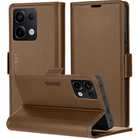 Puzdro pre Xiaomi Redmi Note 13 Pro 4G / Xiaomi Redmi Note 14S / Xiaomi Poco M6 Pro 4G, ERBORD Glossy Litchi, flipová peňaženka, hnedé