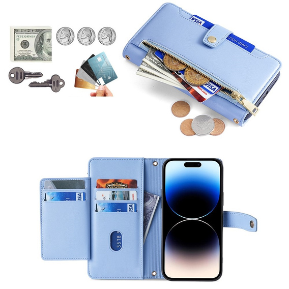 Klapkové puzdro pre iPhone 14 Pro, Wallet Zipper Pocket, modré