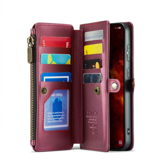 Puzdro CASEME pre Samsung Galaxy S24 FE, RFID Leather Wallet, s popruhom cez rameno, červené