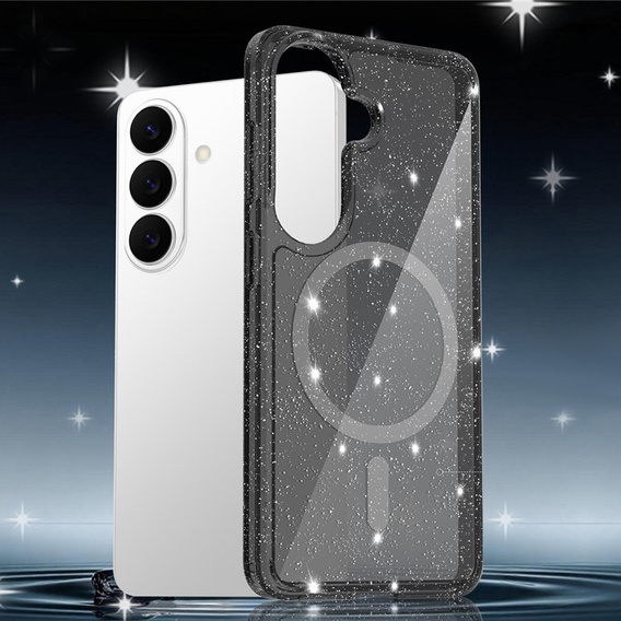 Tvrdené puzdro s leskom, pre MagSafe pre Samsung Galaxy S26 Plus, priehľadné/čierne