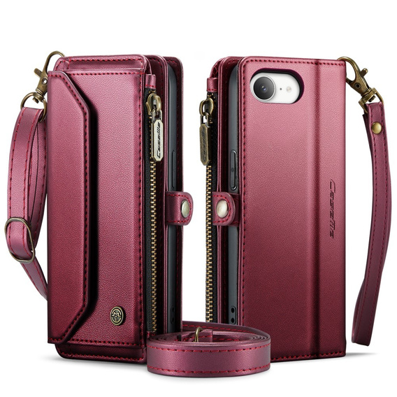 Puzdro CASEME pre iPhone16e, RFID Leather Wallet, s popruhom cez rameno, červené
