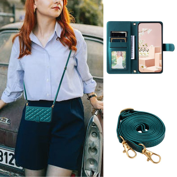 Puzdro s chlopňou pre Samsung Galaxy S24 FE, Rhombus Crossbody Leather, tmavozelené