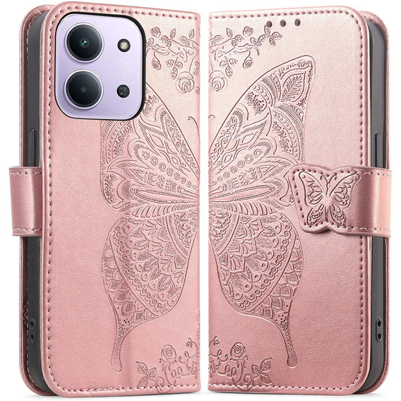 Klapkové puzdro pre Xiaomi Redmi 15C 4G/LTE, Butterfly, ružové rose gold