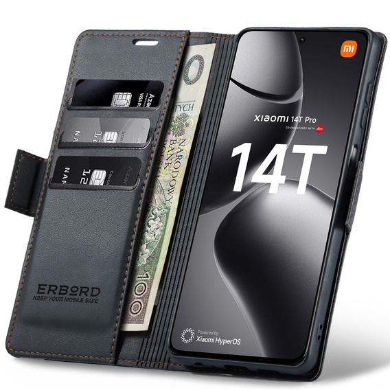 Puzdro pre Xiaomi 14T Pro, ERBORD Glossy Litchi, flipová peňaženka, čierne