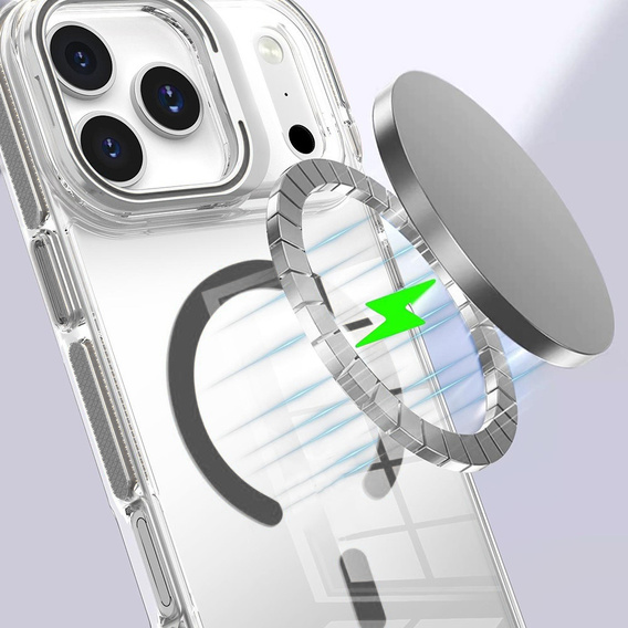 Puzdro pre iPhone 17 Pro Max, pre MagSafe, so stojanom, priehľadné so sivými vložkami