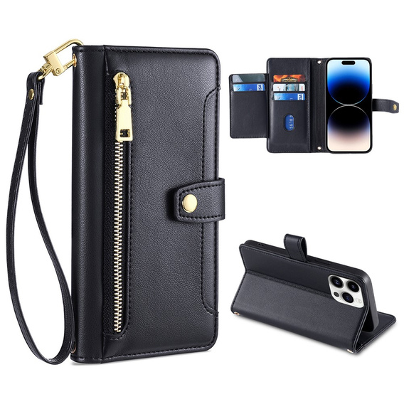 Klapkové puzdro pre iPhone 14 Pro Max, Wallet Zipper Pocket, čierne