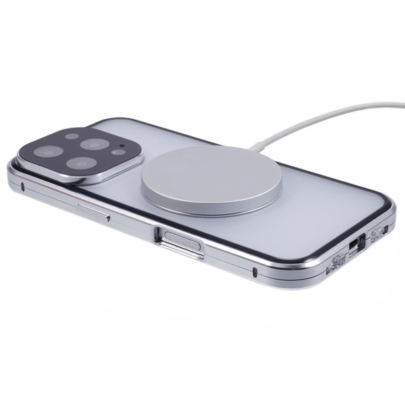 Magnetické puzdro Dual Glass MagSafe pre iPhone 16 Pro Max, strieborné