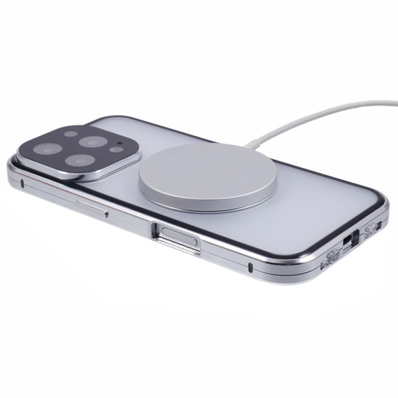 Magnetické puzdro Dual Glass MagSafe pre iPhone 16 Pro, strieborné