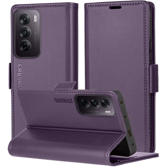 Puzdro pre Oppo Reno 12, ERBORD Glossy Litchi, flipová peňaženka, fialové
