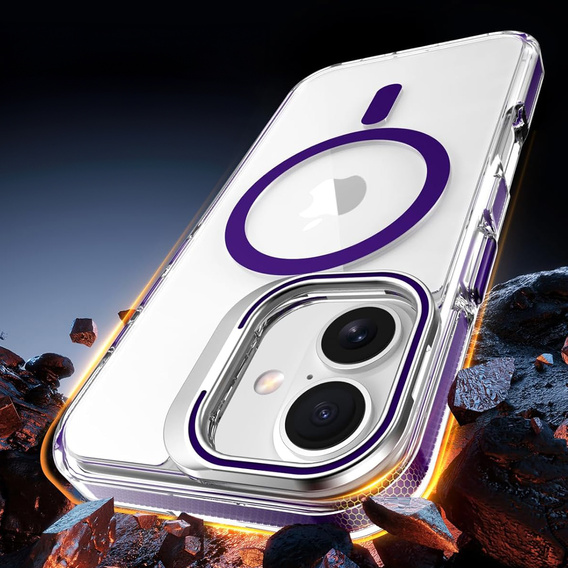 Puzdro pre iPhone 17, pre MagSafe, so stojanom, priehľadné s fialovými vložkami