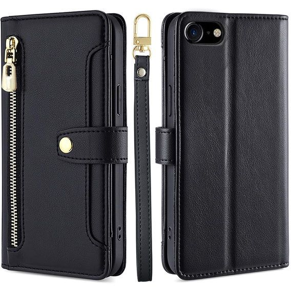 Klapkové puzdro pre iPhone 16E, Wallet Zipper Pocket, čierne