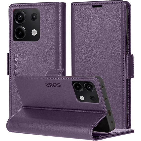 Puzdro pre Xiaomi Redmi Note 13 5G, ERBORD Glossy Litchi, flipová peňaženka, fialové