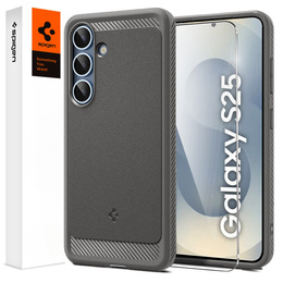 Puzdro Spigen pre Samsung Galaxy S25, Rugged Armor MagSafe, sivé + tvrdené sklo 9H