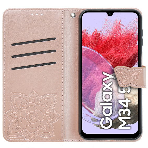Klapkové puzdro pre Samsung Galaxy M34 5G, Butterfly, ružové rose gold
