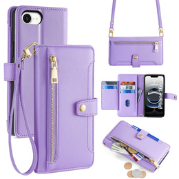 Klapkové puzdro pre iPhone 16E, Wallet Zipper Pocket, fialové