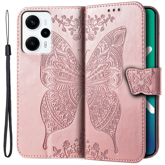 Klapkové puzdro pre Xiaomi Poco F5, Butterfly, ružové rose gold