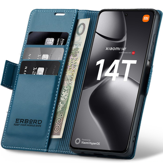 Puzdro pre Xiaomi 14T, ERBORD Glossy Litchi, flipová peňaženka, modré