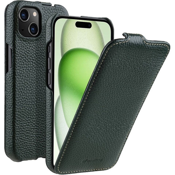 MELKCO flipové puzdro pre iPhone 15 Plus, kožené, flipové, tmavozelené