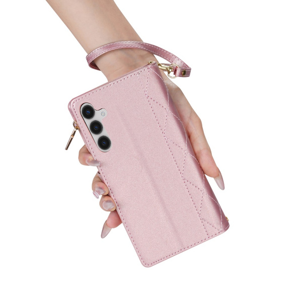Puzdro s chlopňou pre Samsung Galaxy A56 5G, Rhombus Crossbody Leather, ružové rose gold