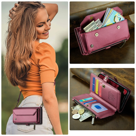 Puzdro CASEME pre iPhone16e, RFID Leather Wallet, s popruhom cez rameno, červené