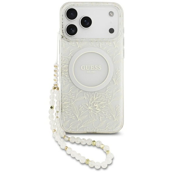 Guess IML Flowers Galvanizované po celom povrchu s remienkom s korálkami, pre MagSafe, s remienkom pre iPhone 17 Pro Max