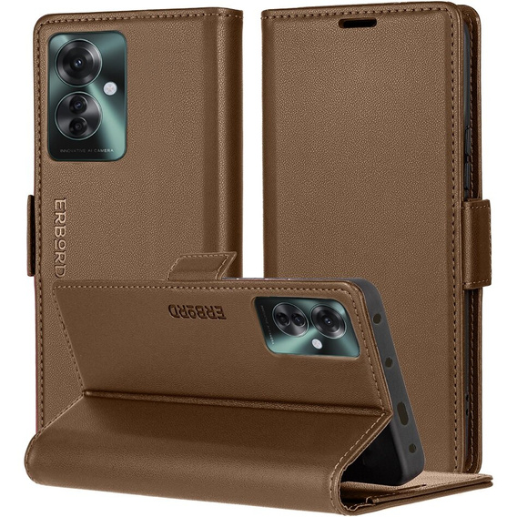 Puzdro pre Oppo Reno 11F, ERBORD Glossy Litchi, flipová peňaženka, hnedé