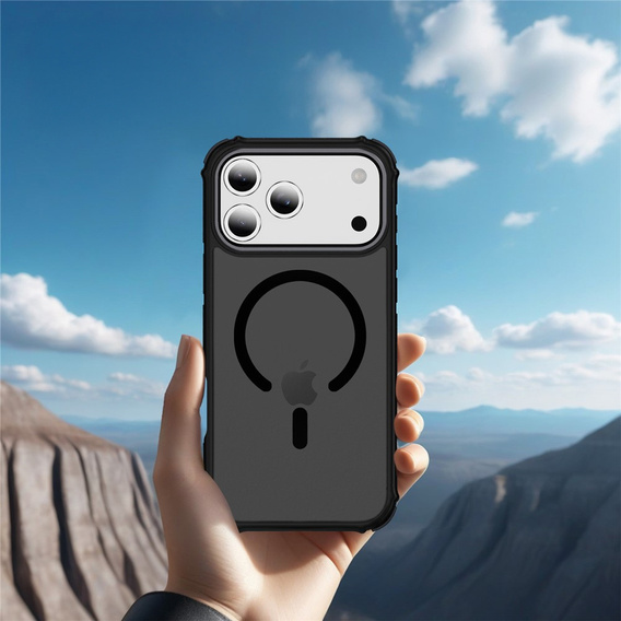 Matné puzdro pre iPhone 17 Pro, pancierované, pre MagSafe, dymové s čiernymi stranami