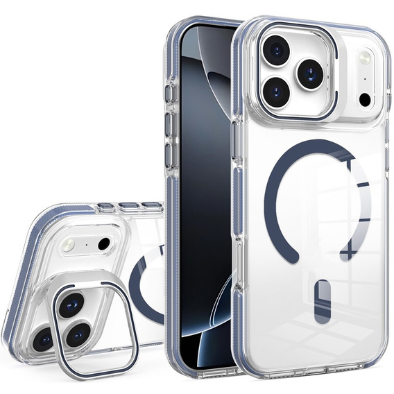 Puzdro pre iPhone 17 Pro Max, pre MagSafe, so stojanom, priehľadné s tmavomodrými vložkami