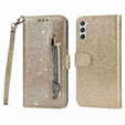 Klapkové puzdro pre Samsung Galaxy S24, Wallet Zipper Pocket Glittery, zlaté