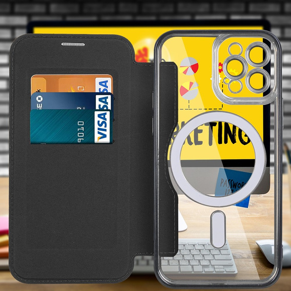 Klapkové puzdro pre iPhone 12 Pro, RFID Wallet MagSafe CamShield, čierne