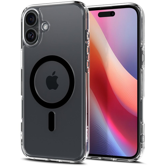Puzdro MagSafe Spigen pre iPhone 16, Ultra Hybrid, transparentné / čierne + tvrdené sklo 9H