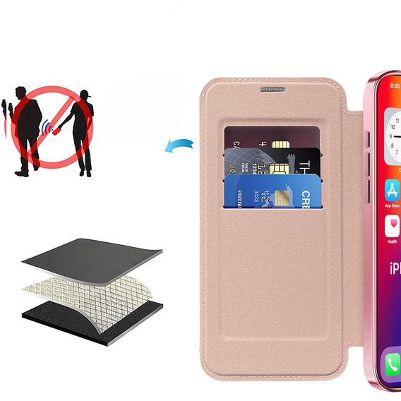 Klapkové puzdro pre iPhone 16, RFID Wallet MagSafe CamShield, ružové