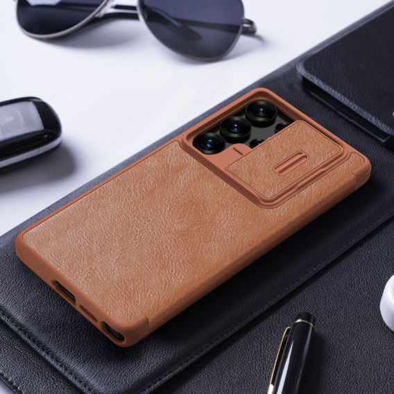 Flipové puzdro NILLKIN pre Samsung Galaxy S25 Ultra, CamShield Qin Pro, kožené, hnedé