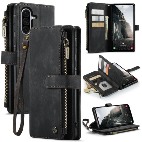 CASEME puzdro pre Samsung Galaxy A56 5G, Leather Wallet Cash and Card Slots, s remienkom, čierne