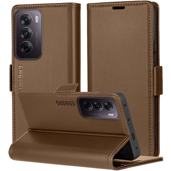 Puzdro pre Oppo Reno 12, ERBORD Glossy Litchi, flipová peňaženka, hnedé