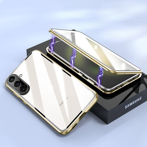 Puzdro pre Samsung Galaxy A17 5G, magnetické dvojité sklo, priehľadné so zlatými stranami