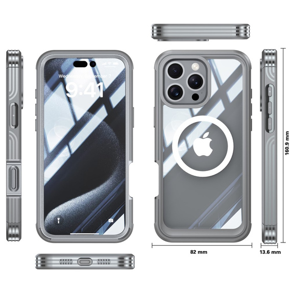 Puzdro pre iPhone 16 Pro Max, Shockproof, so sklom, pre MagSafe, sivé