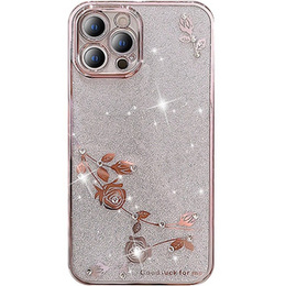Puzdro pre iPhone 14 Pro, Glitter Flower, ružové rose gold