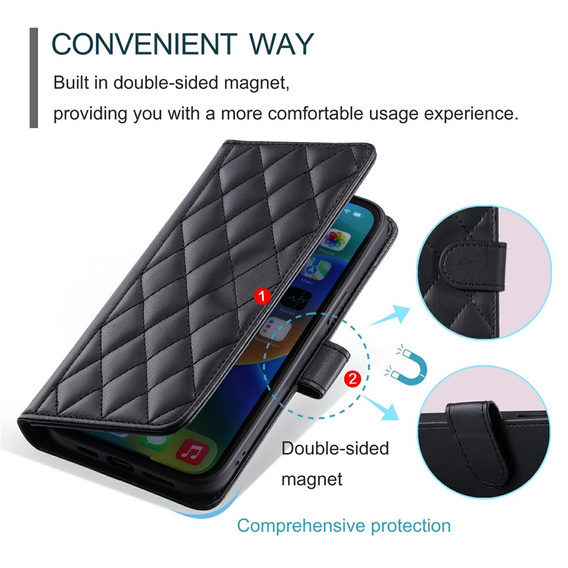 Puzdro s chlopňou pre Samsung Galaxy S25 FE, Rhombus Crossbody Leather, čierne