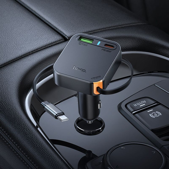 Autonabíjačka Hoco s trojitým výstupom a zasúvacím káblom USB-C s výkonom 65 W