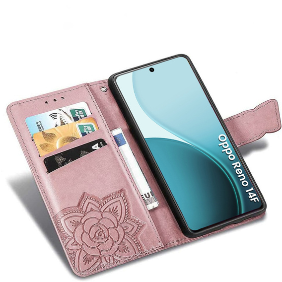 Klapkové puzdro pre Oppo Reno 14F, peňaženka, Butterfly, ružové zlato