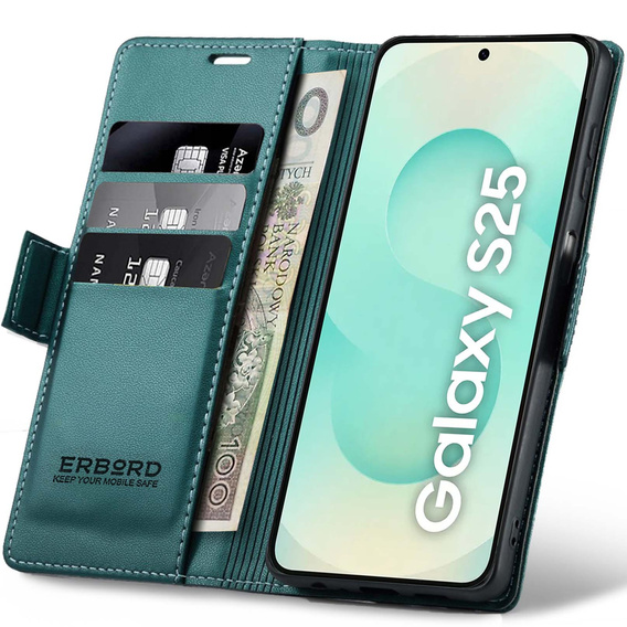 Puzdro pre Samsung Galaxy S25, ERBORD Glossy Litchi, flipová peňaženka, zelený