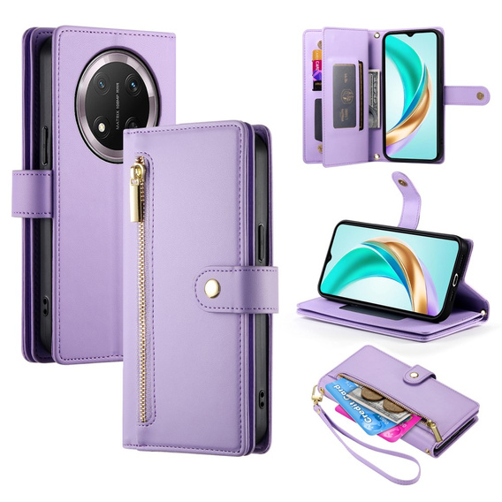 Klapkové puzdro pre Honor Magic 7 Lite, Wallet Zipper Pocket, fialové