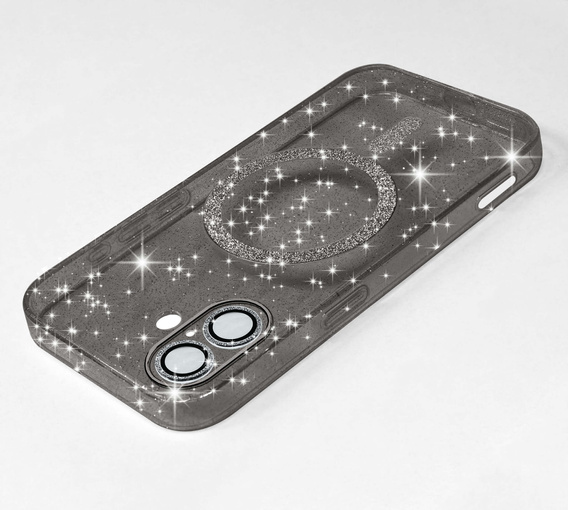 Puzdro pre iPhone 16, ERBORD Glitter MagSafe, čierne + sklo na displej