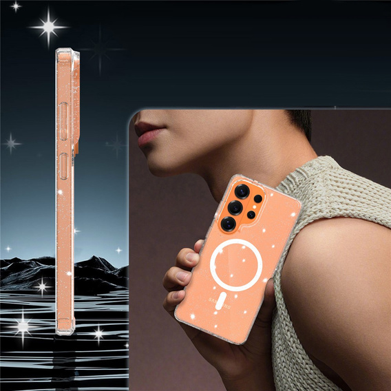 Tvrdené puzdro s trblietkami, pre MagSafe pre Samsung Galaxy S26 Ultra, priehľadné