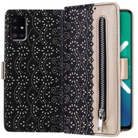 Klapkové puzdro pre Samsung Galaxy A51 5G, Wallet Pocket Zipper Lace, čierne