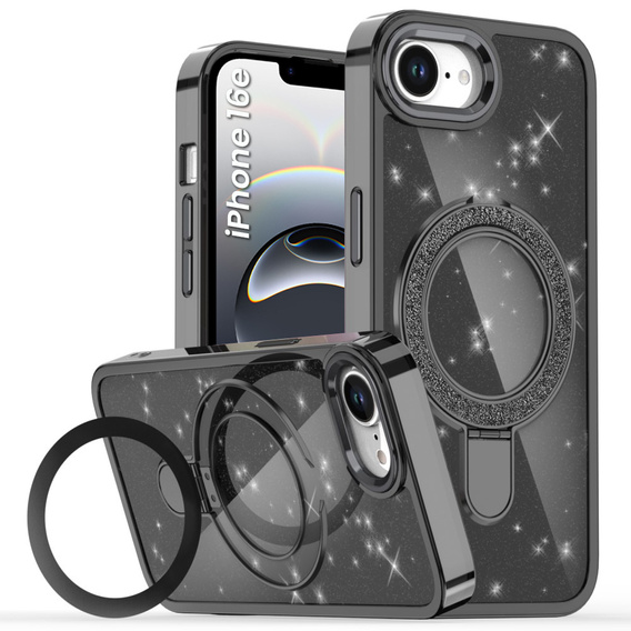 Puzdro iPhone 16e, Glittery Magnetic Kickstand, čierne
