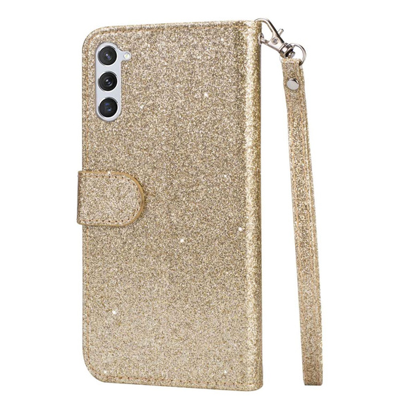 Klapkové puzdro pre Samsung Galaxy S24, Wallet Zipper Pocket Glittery, zlaté